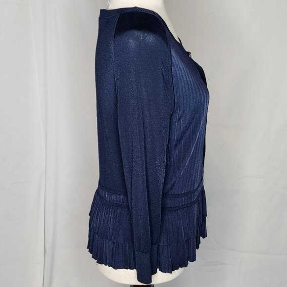 Oscar de la Renta Navy Button Front Ruffle Hem Cardigan Size: L - Picture 7 of 16